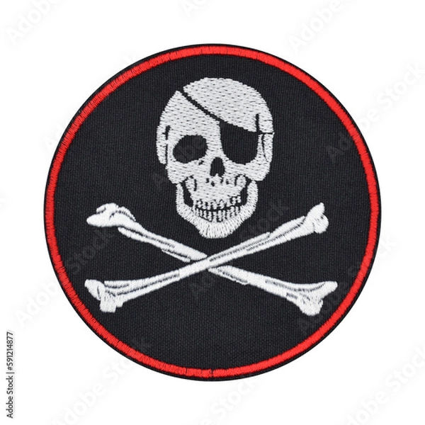 Fototapeta Embroidered patch depicting a skeleton, skull, death. Accessory for metalheads, punks, rockers, bikers, satanists, emo, street aggressive subcultures. Pirates style.