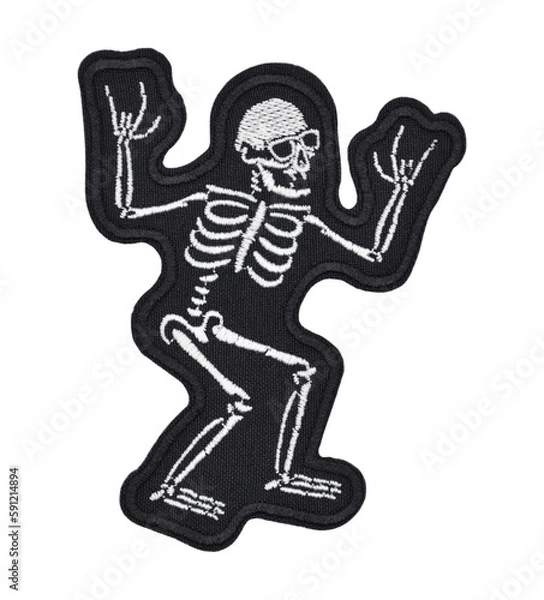Fototapeta Embroidered patch depicting a skeleton, skull, death. Accessory for metalheads, punks, rockers, bikers, satanists, emo, street aggressive subcultures.