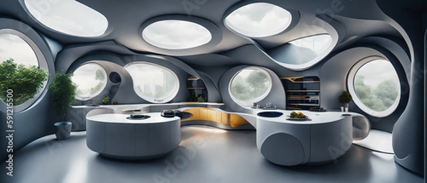 Obraz A modern kitchen with large bright windows. Futuristic technology, in the future. Generative AI.