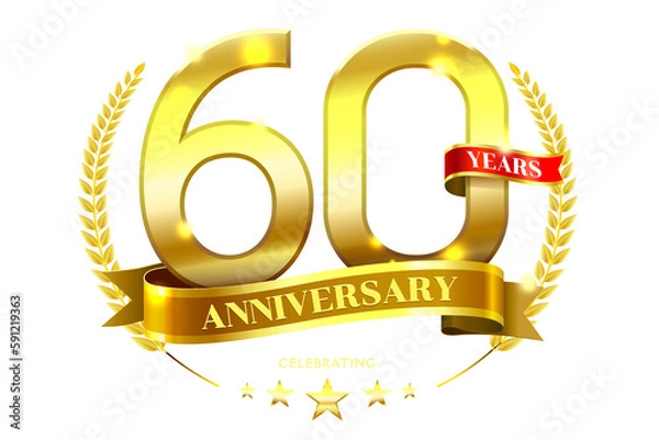 Obraz 60 Years Anniversary with laurel wreath Golden Ribbon