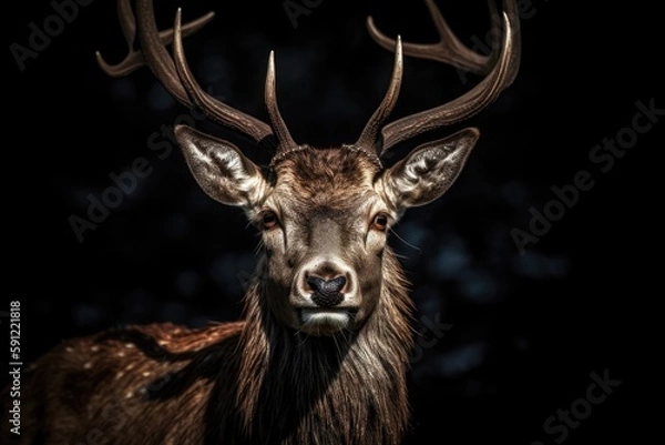 Fototapeta male red Deer portrait looking at you close up portrait on black background Generative AI