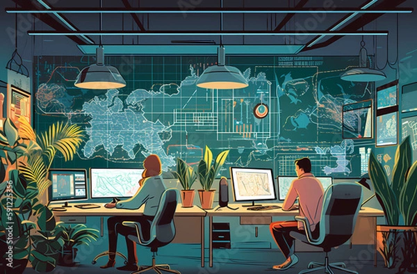 Fototapeta Two people looking at graphs in their office, Ai Generative