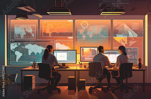 Fototapeta Two people looking at graphs in their office, Ai Generative