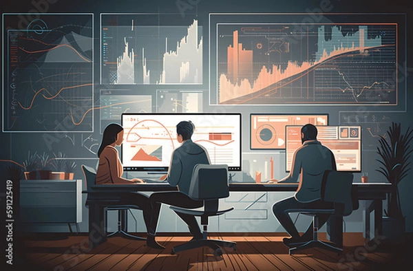 Fototapeta Two people looking at graphs in their office, Ai Generative