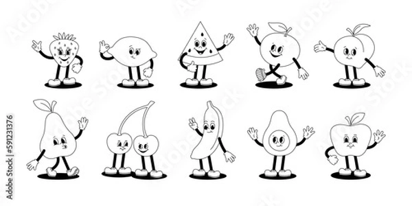 Fototapeta Vector set of cartoon retro mascots monochrome illustrations of walking fruits and berries. Vintage style 30s, 40s, 50s old animation. The clipart is isolated on a white background.