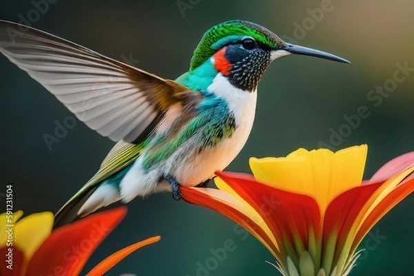 Fototapeta Anna's hummingbird in the treetops in a tropical rainforest, Amazon of Brazil. Wildlife concept of ecological environment. Generative AI