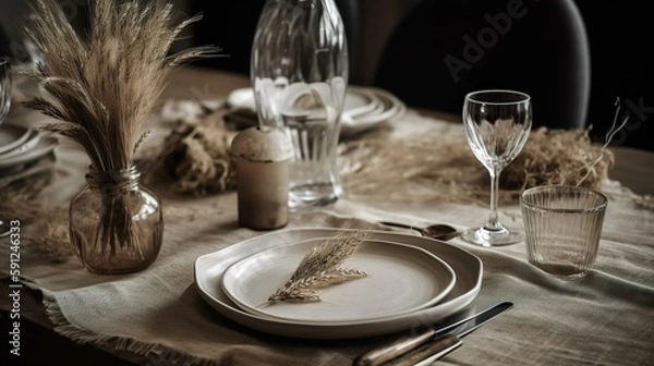 Obraz Rustic and bohemian style table decor, AI generated 