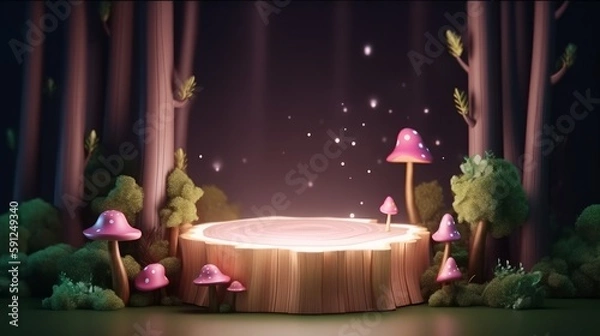 Fototapeta 3D display podium. Enchanted forest 3D background, tree trunk podium surrounded by glowing fireflies. Magical setting for cosmetic product presentation. Generative ai.