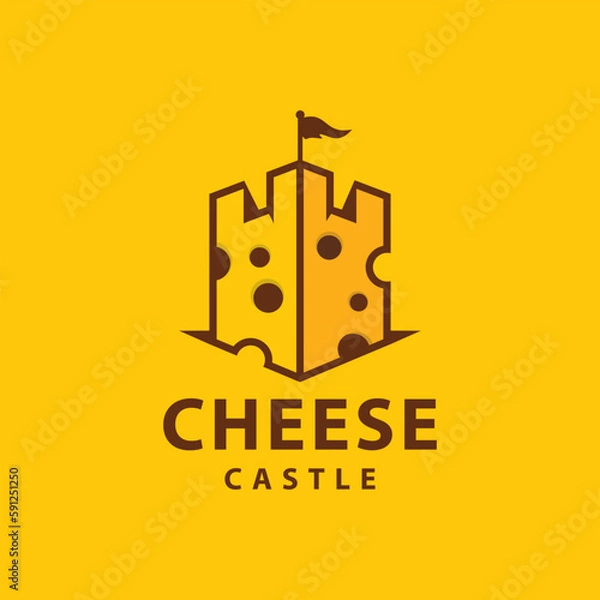 Fototapeta Cheese castle Logo Design. Castle from cheese vector logo design