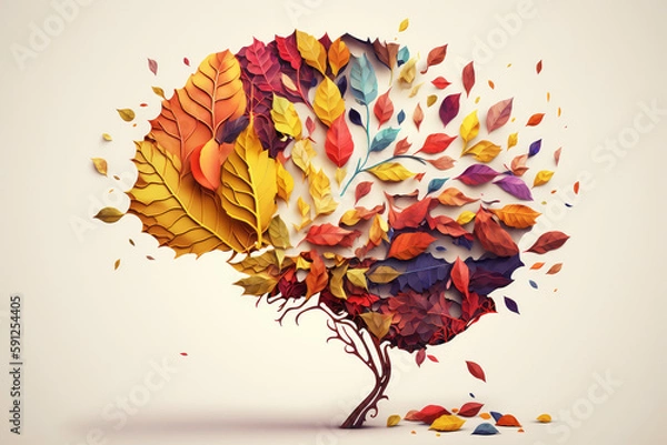 Fototapeta Symbol of memory loss due to dementia, alzheimer. Illustration of a human head with a brain made of withered falling autumn leaves. Brain degeneration concept. Decreased mind function. Generative ai.