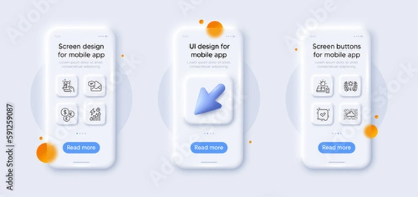 Fototapeta Cloud system, Money currency and Solar panel line icons pack. 3d phone mockups with cursor. Glass smartphone screen. Electricity consumption, Confirmed, New mail web icon. Vector