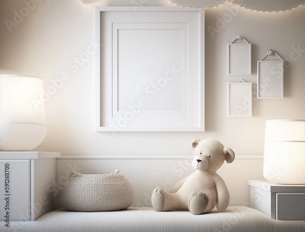 Obraz Vertical big white frame and three small frames mockup on wall with teddy bear. Empty print template for nursery room in soft color. Generative AI