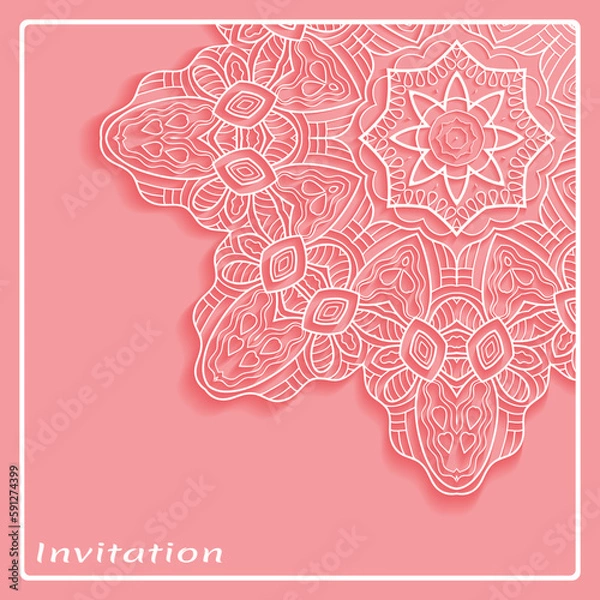 Fototapeta Lace Invitation Card template with mandala element. Doodle line pattern. Decorative openwork filigree art background for Wedding, Valentine's day greeting card, Birthday Invitation