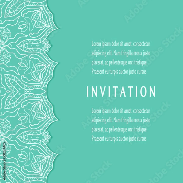 Fototapeta Invitation or Card template with lacе frame border, doodle line pattern, mandala element. Decorative openwork filigree art background for Wedding, Valentine's day greeting card, Birthday Invitation