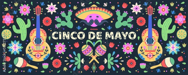 Fototapeta Cinco de Mayo celebration. Mexican holiday. Colorful symmetrical design of flowers, cactuses, maracas, guitars and a mariachi singer on a dark background. Fiesta banner, poster, header. Vector