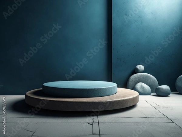Obraz Round smooth stone podium template closeup on blue background. Empty space on natural rock for mockup. Generative AI