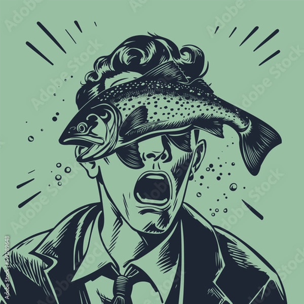 Fototapeta retro cartoon illustration of a man getting a fish slapped in his face