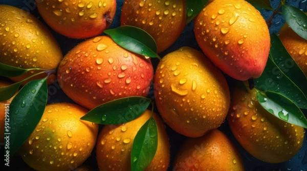Fototapeta Ripe mango fruits in water drops on the leaves. Studio light. Created with AI.