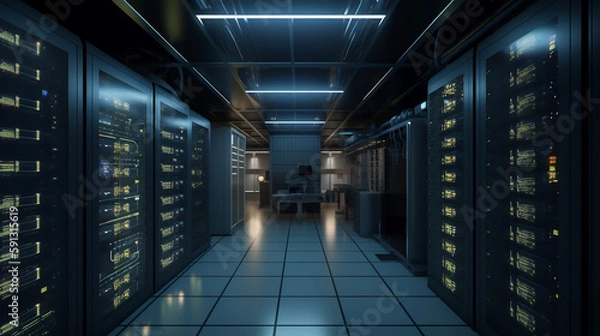 Fototapeta room with servers. Big data, connections. Created using generative AI.