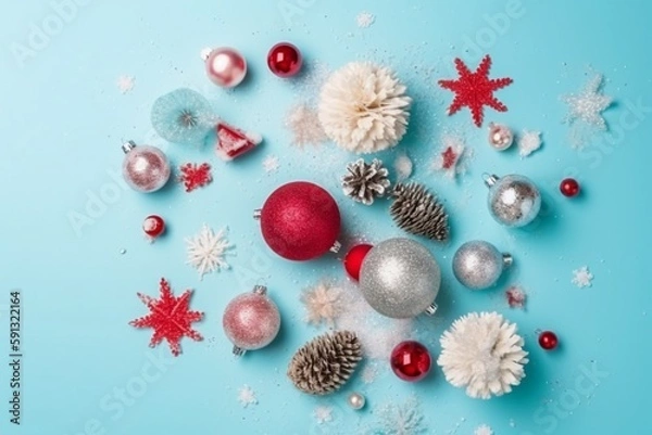 Obraz 흰색과 빨간색 크리스마스 트리 장식 디스코 볼이 있는 파란 배경. 인공지능 생성