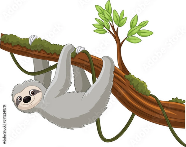 Obraz Cartoon sloth hanging on a tree branch