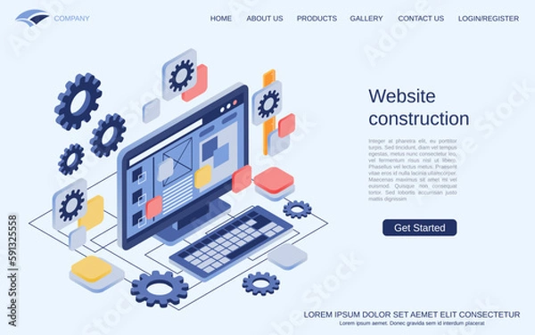 Obraz Website construction, GUI design, web application development modern 3d isometric vector concept illustration. Landing page design template