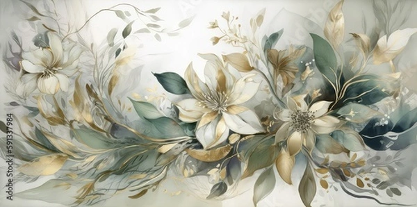 Fototapeta Decorative Flower Background, Gold green and white Generative AI