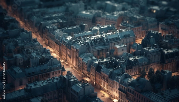 Fototapeta Glowing city skyline at twilight, above all generated by AI