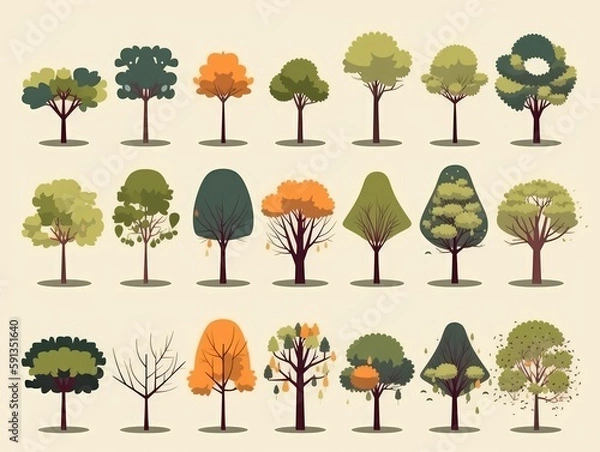 Fototapeta Set Isolated tree on white background, The collection of trees. Set of trees and shrubs. Collection of natural design elements trees with leaves. generative ai