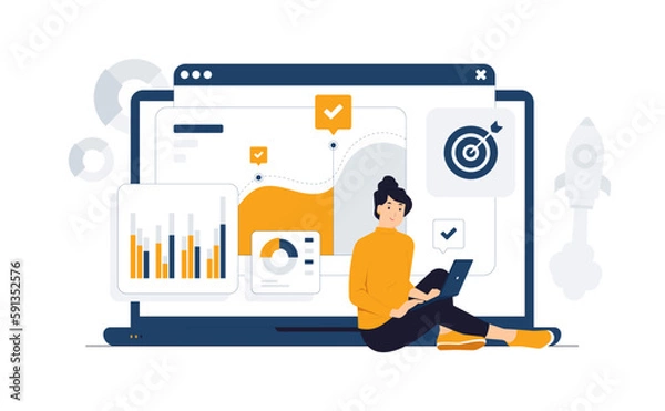 Obraz Businesswoman sit with laptop looking at chart to analyzing growth, Site stats, Data inform, Statistics, monitoring financial reports and investments concept illustration