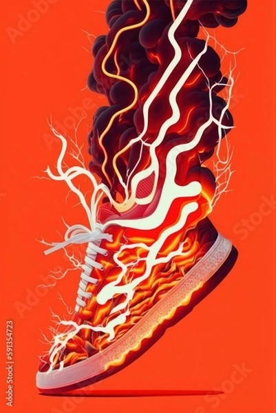 Fototapeta abstract illustration of a shoe sneakers design, vibrant strike colors with isolated background, single shoe lace, vintage vibe floaty creamy patterns flat fashion, generative ai