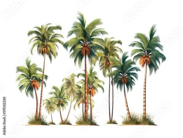 Fototapeta Set palm trees. Palm trees isolated on white background. generative ai
