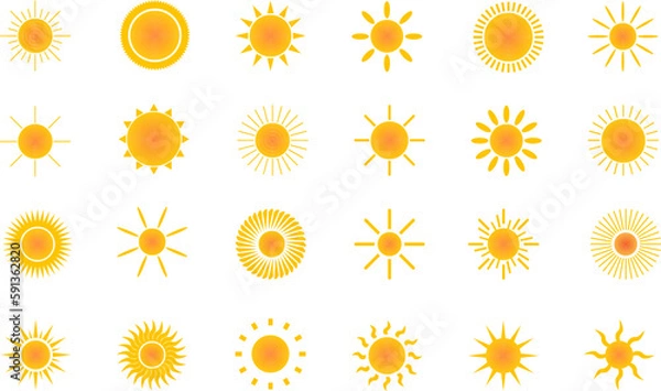 Fototapeta Sun icon set. Vector flat design. Collection of sun stars for use in as logo or weather icon. Yellow suns circles, bright natural lighting objects.