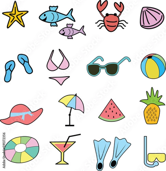 Fototapeta Colorful and hand drawn beach icons set in a very creative and attractive style.