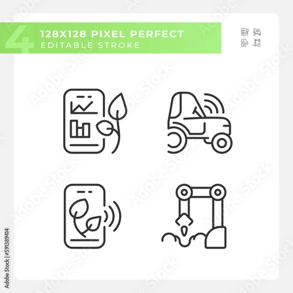 Obraz Agricultural technologies linear icons set. Modern farming. Farm equipment. Agritech startup. Customizable thin line symbols. Isolated vector outline illustrations. Editable stroke