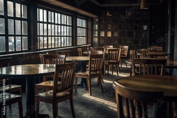 Fototapeta  a restaurant with wooden tables and chairs and a large window with panes of glass on the wall and a person sitting at a table in the middle of the room.  generative ai