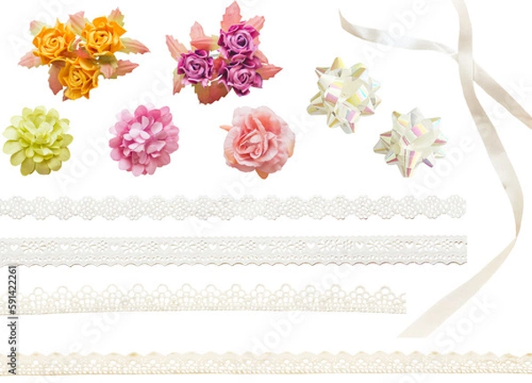 Fototapeta 切り抜き透過素材セットーリボン白と飾り