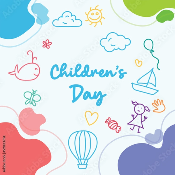 Obraz Happy Children's Day with cute drawings of cloud, balloon, candy, girl, whale, butterfly.