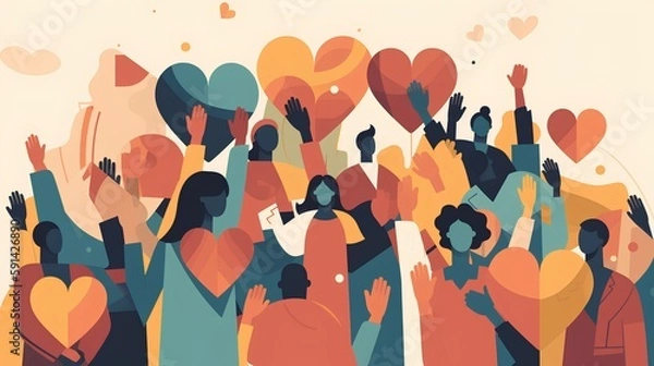 Fototapeta Charity illustration concept with abstract, diverse persons, hands and hearts. Community compassion, love, and support towards those in need. Generative AI