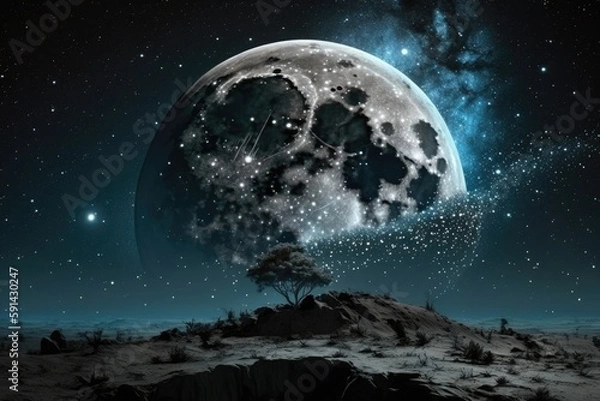 Fototapeta bright full moon surrounded by a starry night sky. Generative AI