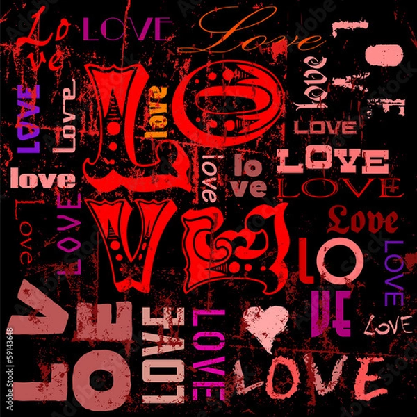 Fototapeta love illustration, hearts and words, grungy style, vector