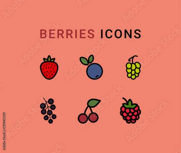 Fototapeta Berry icons for the app. A set of icons. Line icon. Vector design illustration of berries. Healthy food.