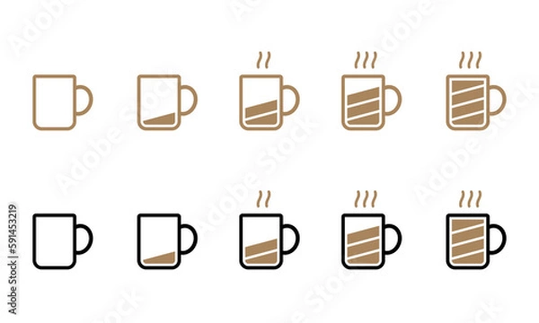 Fototapeta Battery level indicator in black and brown line and colored outline coffee mug icon from empty to fully charged vector set