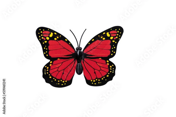 Fototapeta Red butterfly isolated on transparent background top view. Red butterfly with yellow spots as an element for design.