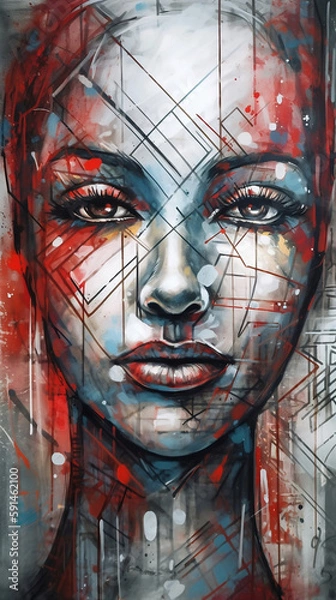 Fototapeta Artistic face with abstract geometric forms and geometric squares, in the style of graffiti - inspired portraiture light white and light red, realism with a touch of expressionism, generative ai