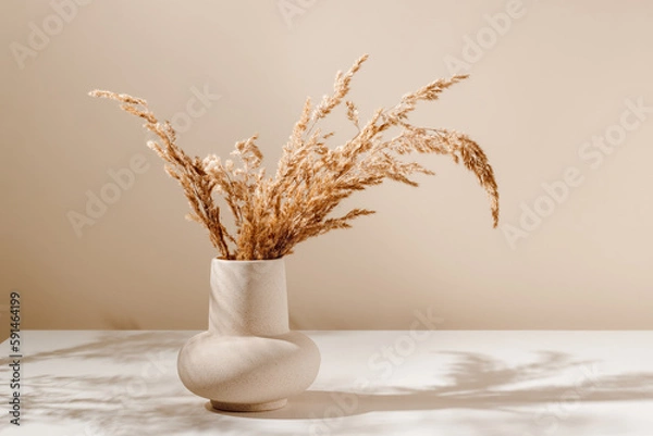 Fototapeta Stylish ceramic vase on the table with pampas or reed dry grass bouquet with warm shadows, light brown wall background. Scandinavian vase on the table with copy space, minimal aesthetic style
