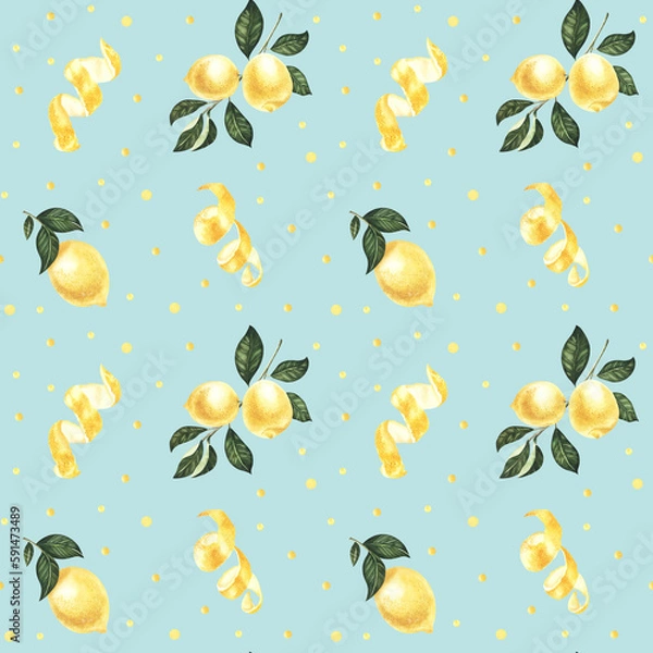 Obraz Watercolor lemon fruit. Hand painted sour lemon with seeds and peel. Juicy lemons seamless pattern. Bright summer design