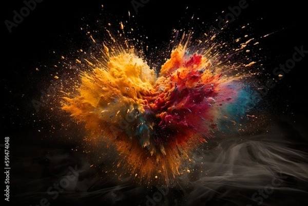 Fototapeta Colorful Explosion in Heart Shape - Abstract Wallpaper on Black Background by generative ai