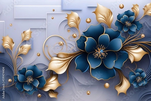 Obraz 3D Blue and golden flower with 3d background design wallpaper