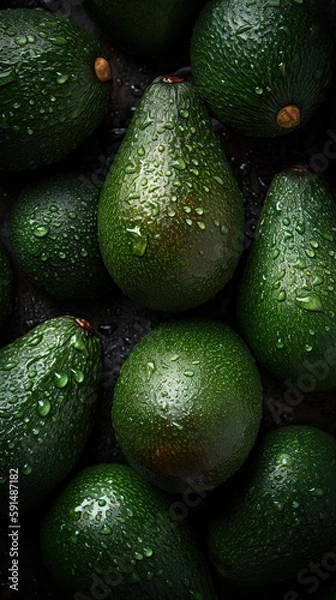Fototapeta Fresh Avocado Seamless Background with Glistening Droplets of Water - Top Down View, Generative AI